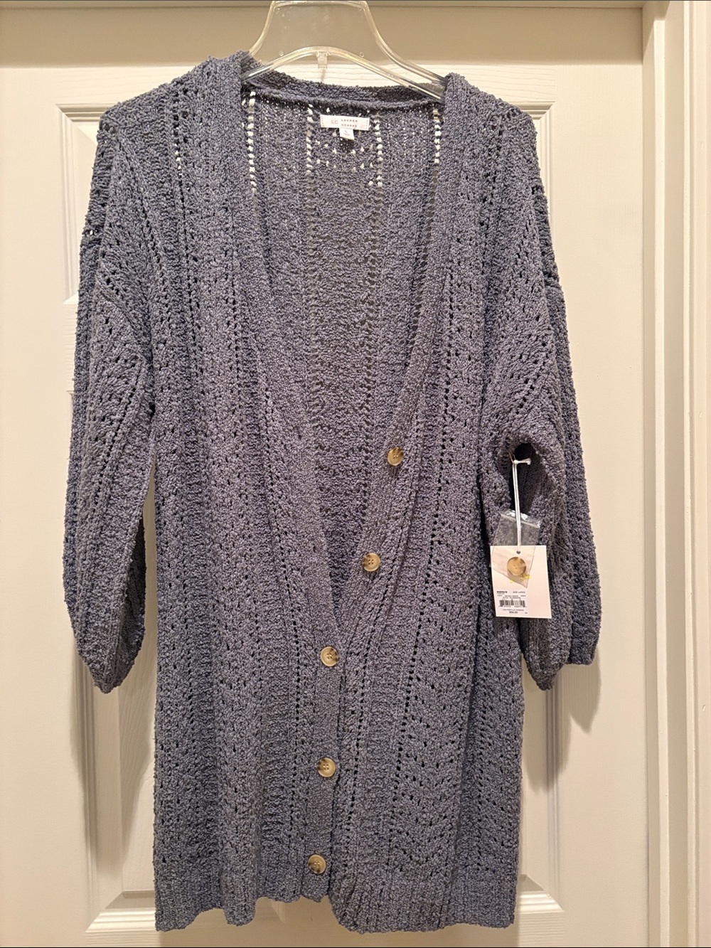 LC Lauren Conrad Dusty Blue Open-Knit Button Cardigan